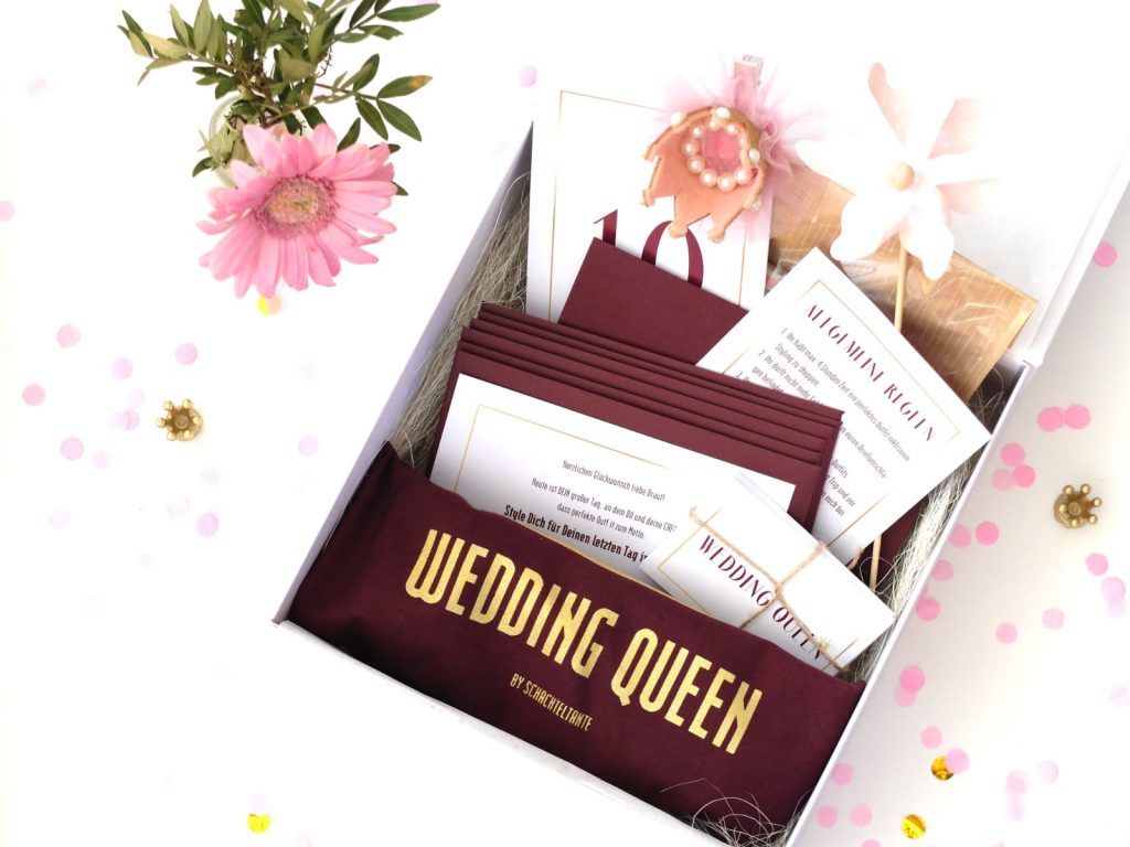 Inhalt der JGA Schachtel mit dem Motto Wedding Queen