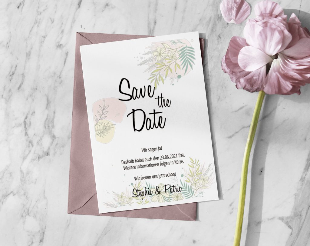 Save the Date Karten zur Hochzeit im schlichten Blätterdesign